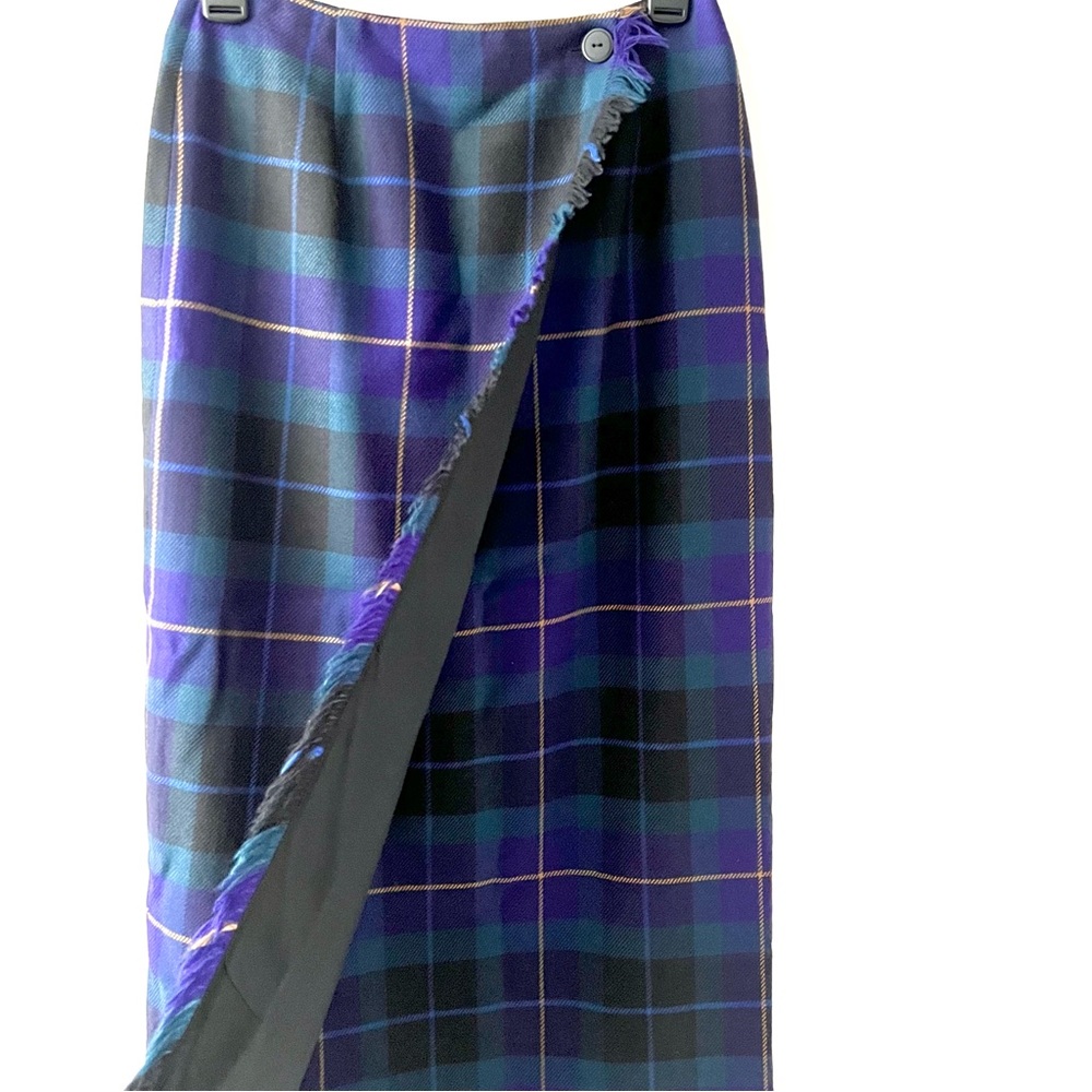 TALBOTS | Plaid Vintage Wool Wrap Long Maxi Skirt Purple Green Fringe Size 4 - Picture 2 of 11